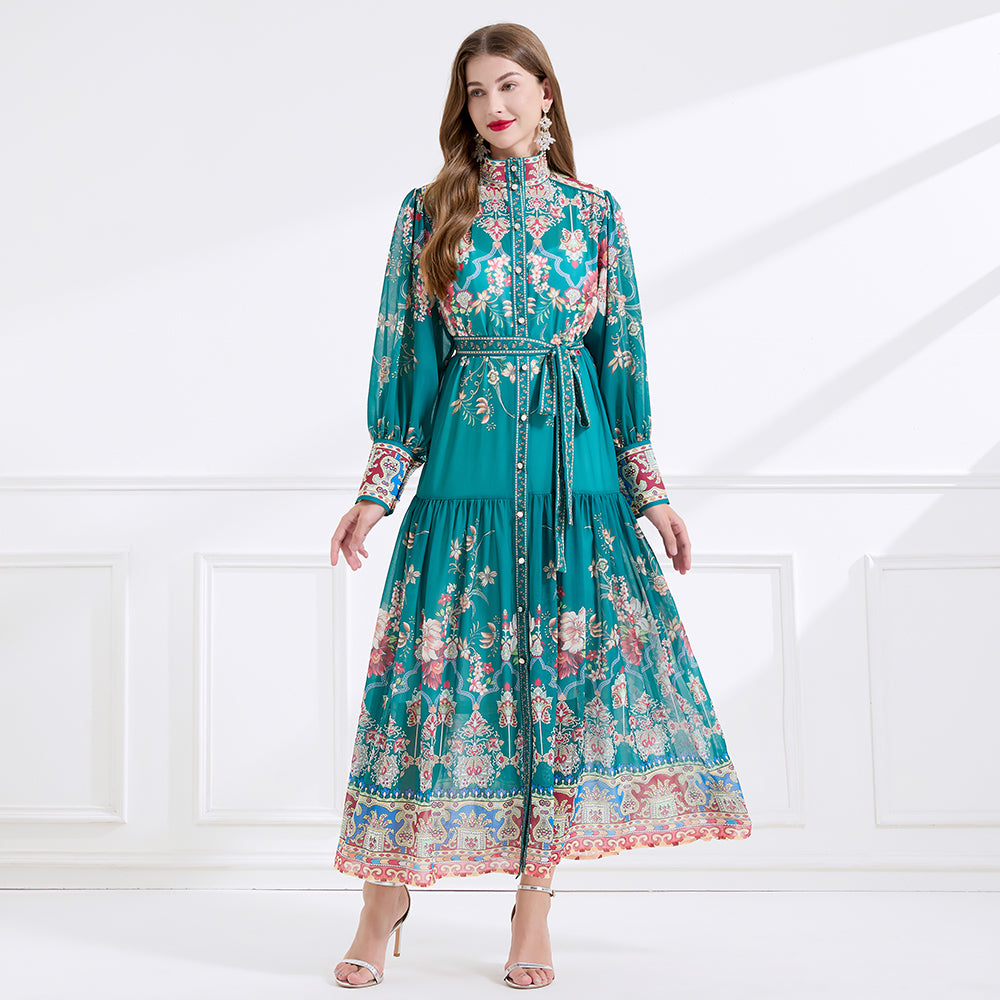 CM-DY057899 Women Elegant European Style Stand Collar Lantern Sleeve Floral Print Long Dress - Green