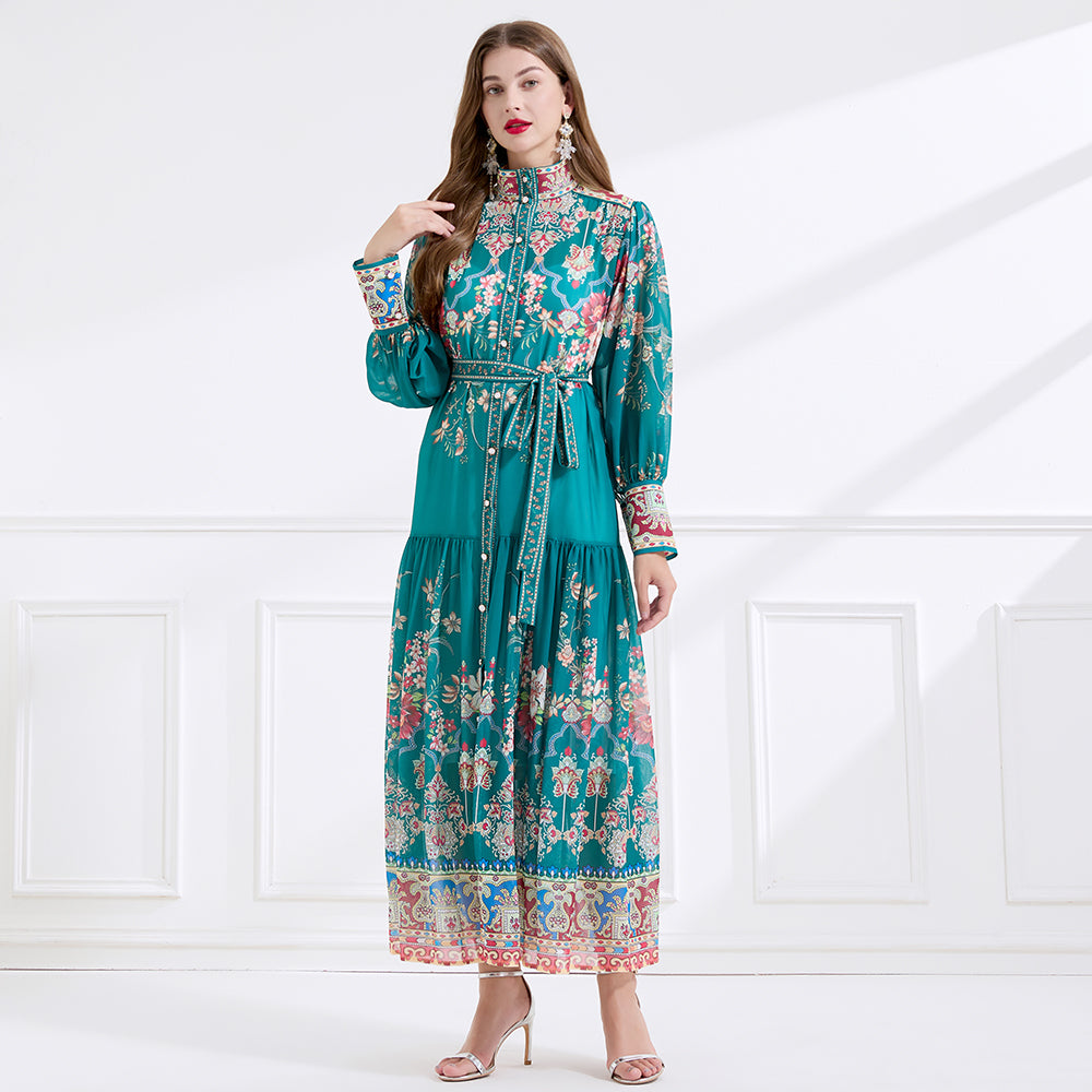 CM-DY057899 Women Elegant European Style Stand Collar Lantern Sleeve Floral Print Long Dress - Green