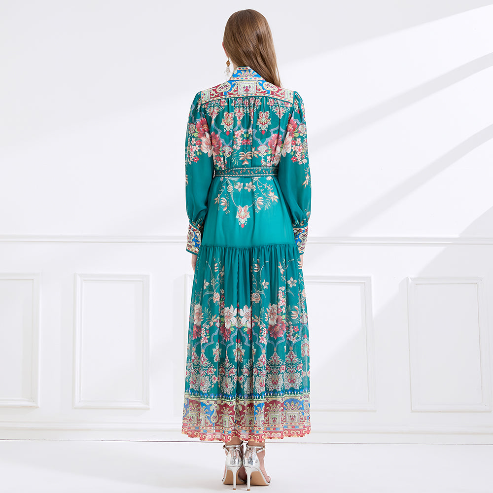 CM-DY057899 Women Elegant European Style Stand Collar Lantern Sleeve Floral Print Long Dress - Green