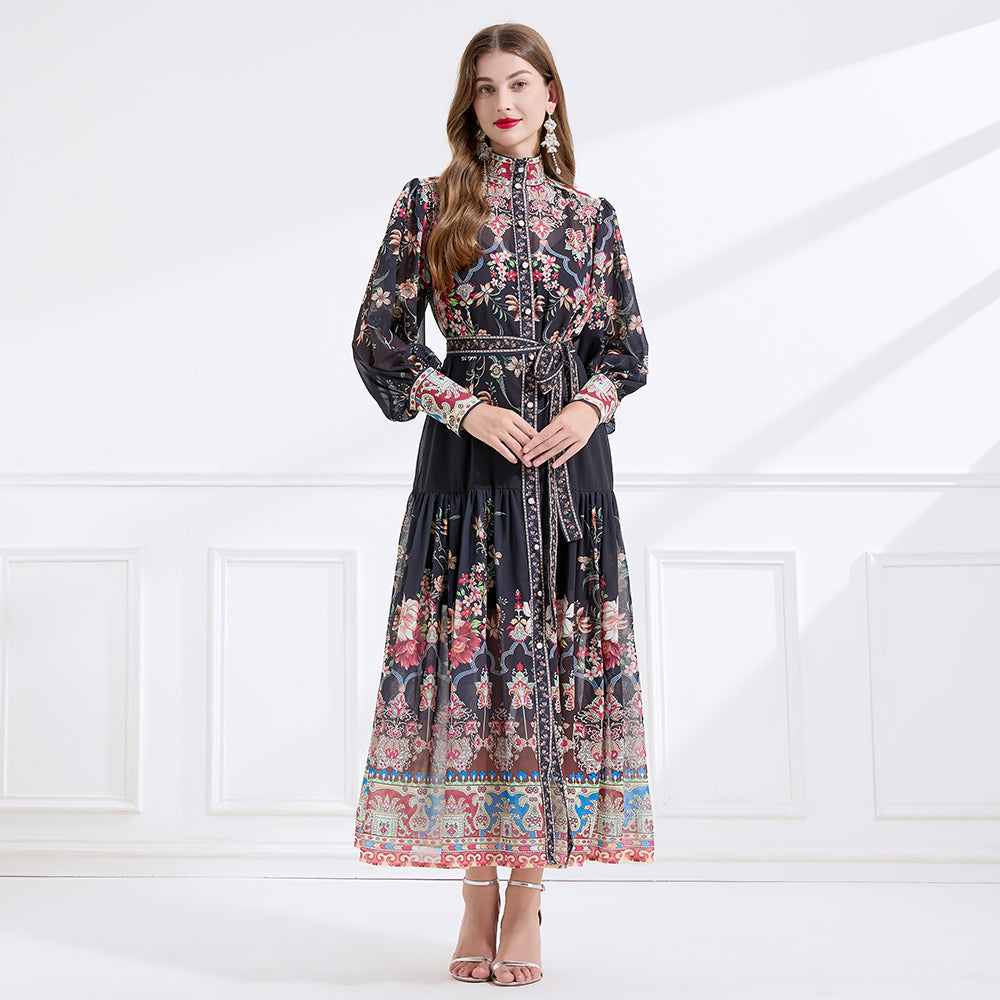 CM-DY057900 Women Elegant European Style Stand Collar Lantern Sleeve Floral Print Long Dress - Black