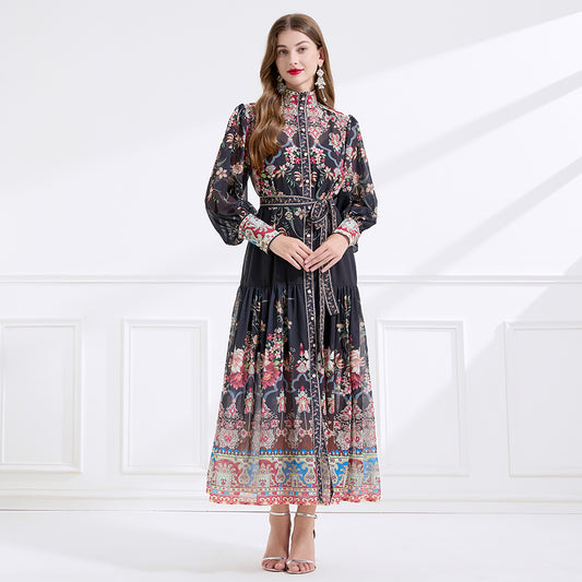 CM-DY057900 Women Elegant European Style Stand Collar Lantern Sleeve Floral Print Long Dress - Black