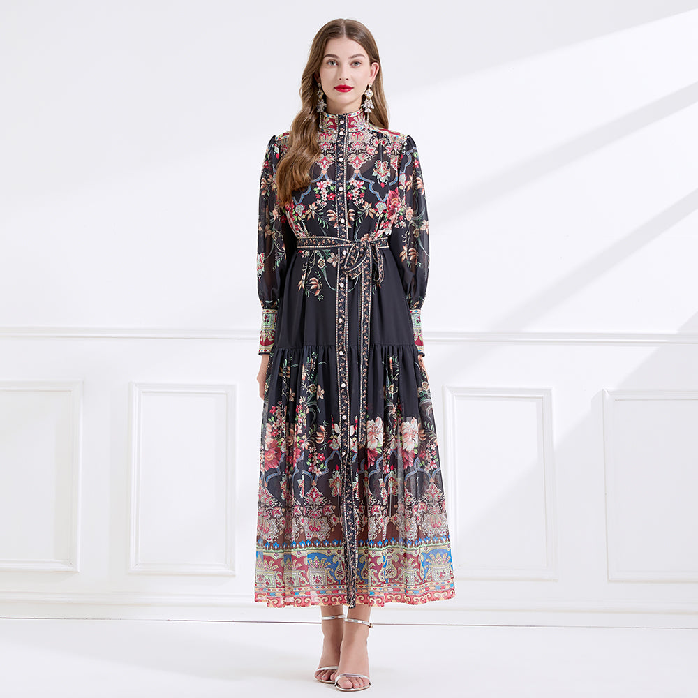 CM-DY057900 Women Elegant European Style Stand Collar Lantern Sleeve Floral Print Long Dress - Black