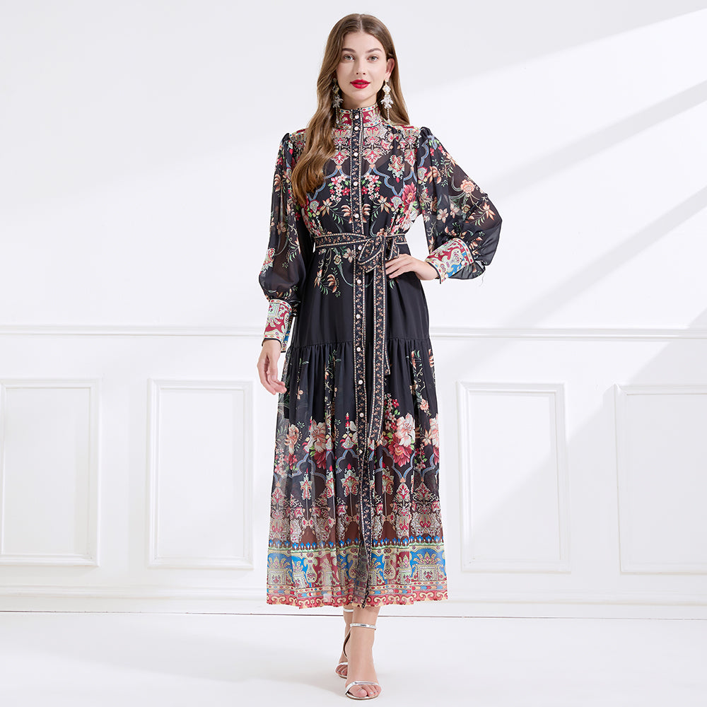 CM-DY057900 Women Elegant European Style Stand Collar Lantern Sleeve Floral Print Long Dress - Black