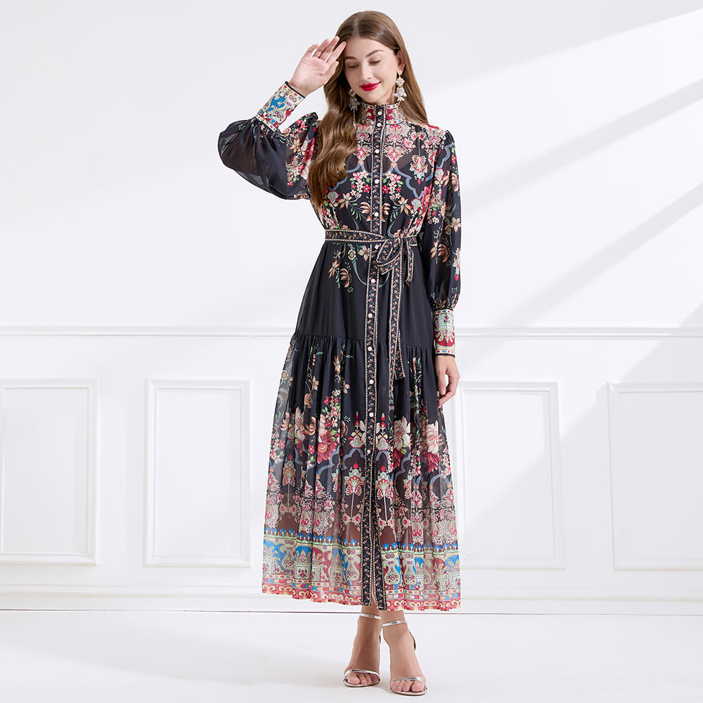 CM-DY057900 Women Elegant European Style Stand Collar Lantern Sleeve Floral Print Long Dress - Black