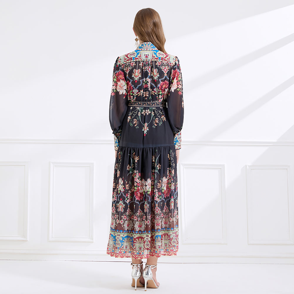 CM-DY057900 Women Elegant European Style Stand Collar Lantern Sleeve Floral Print Long Dress - Black