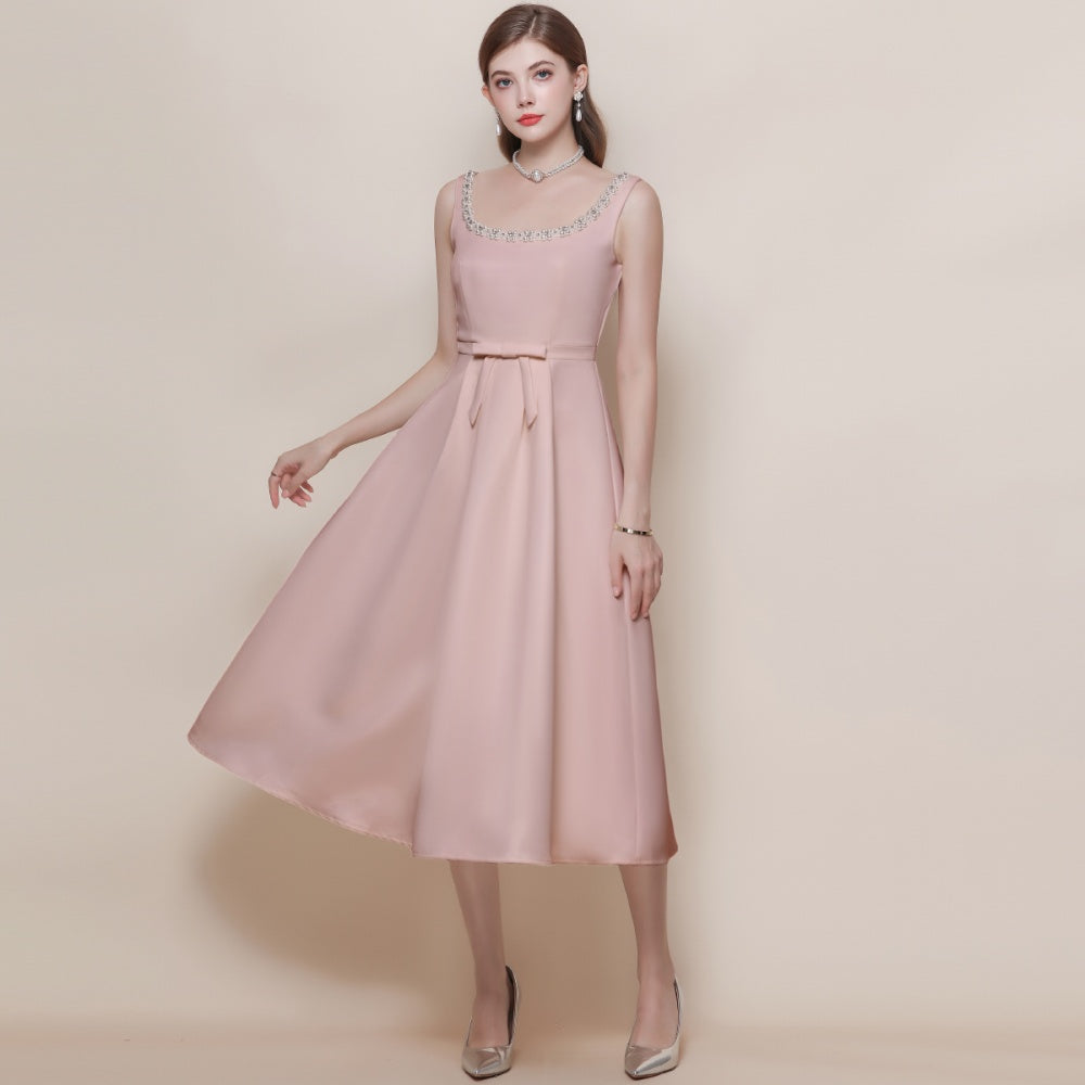 CM-DY058100 Women Elegant European Style Square Collar Sleeveless Pinched Waist Mid-Length Dress - Pink
