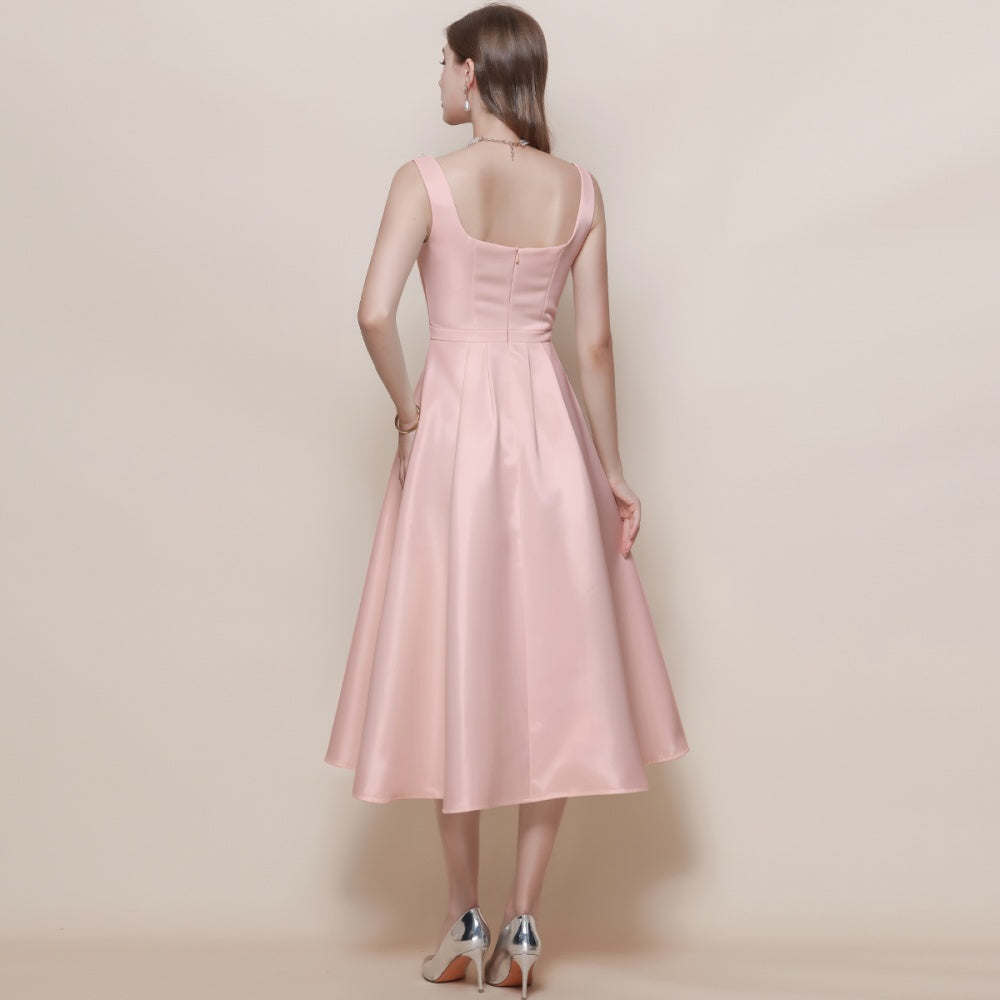 CM-DY058100 Women Elegant European Style Square Collar Sleeveless Pinched Waist Mid-Length Dress - Pink