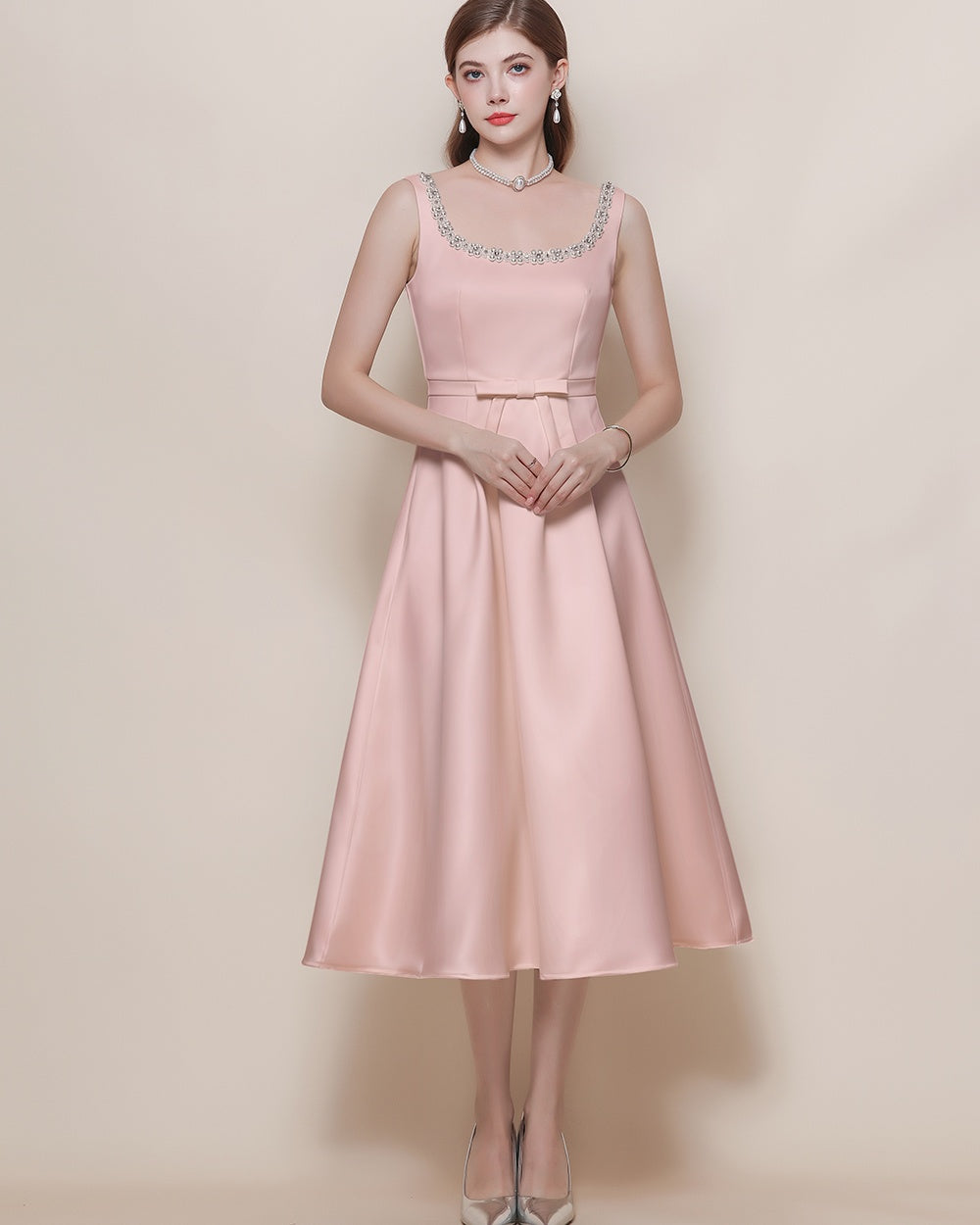 CM-DY058100 Women Elegant European Style Square Collar Sleeveless Pinched Waist Mid-Length Dress - Pink