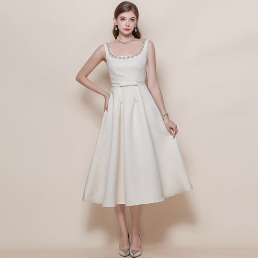 CM-DY058101 Women Elegant European Style Square Collar Sleeveless Pinched Waist Mid-Length Dress - Apricot