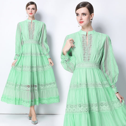 CM-DY058107 Women Elegant European Style V-Neck Lantern Sleeve Lace Maxi Dress - Light Green