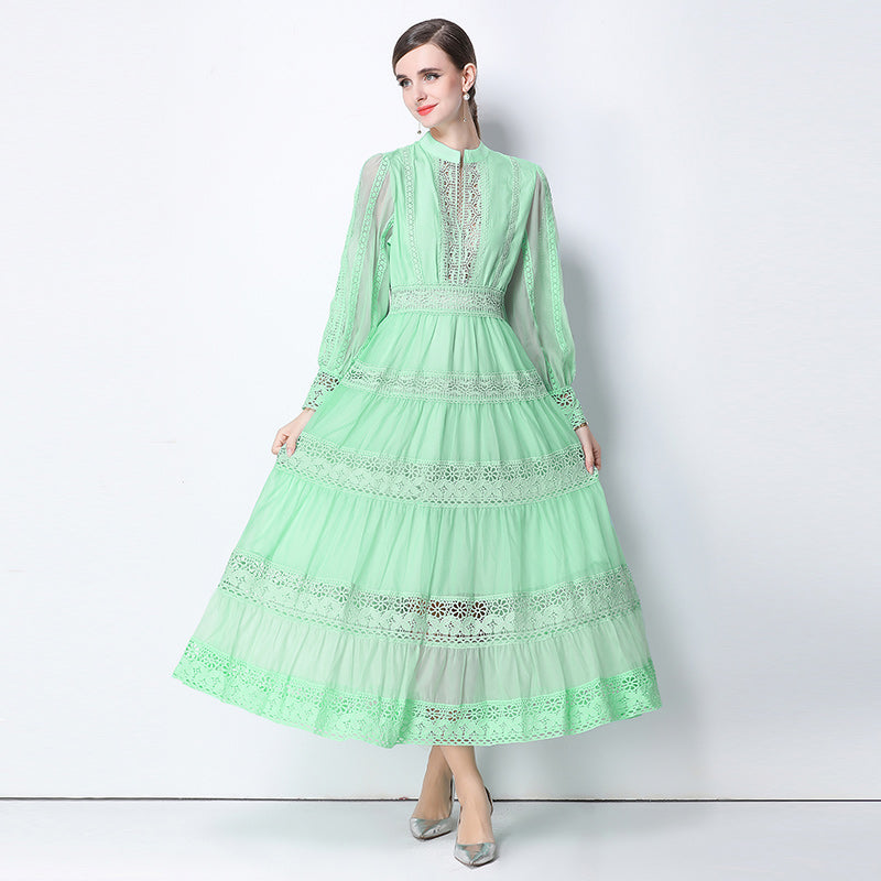 CM-DY058107 Women Elegant European Style V-Neck Lantern Sleeve Lace Maxi Dress - Light Green