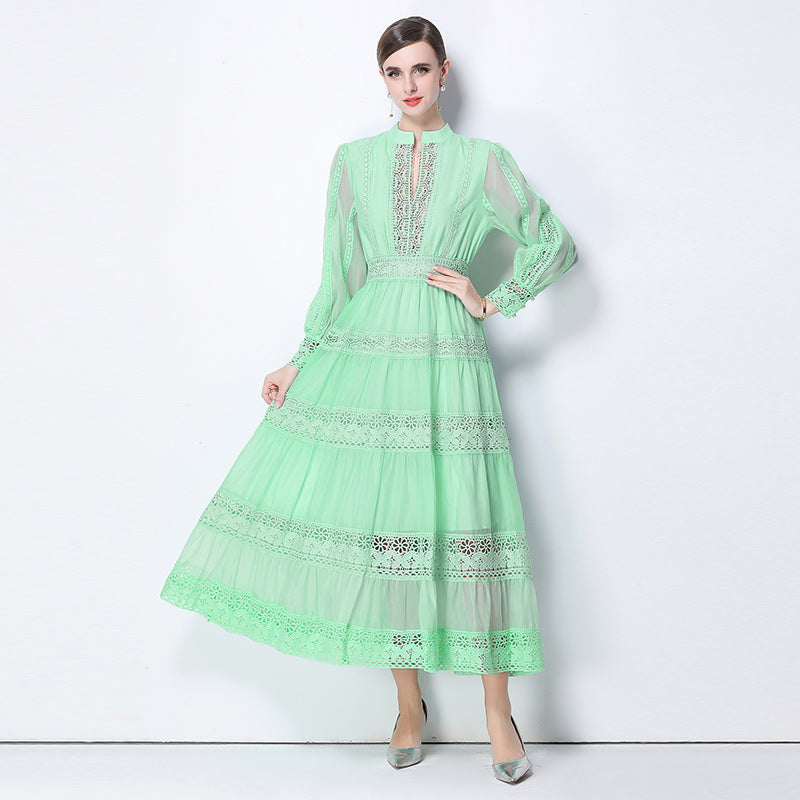 CM-DY058107 Women Elegant European Style V-Neck Lantern Sleeve Lace Maxi Dress - Light Green