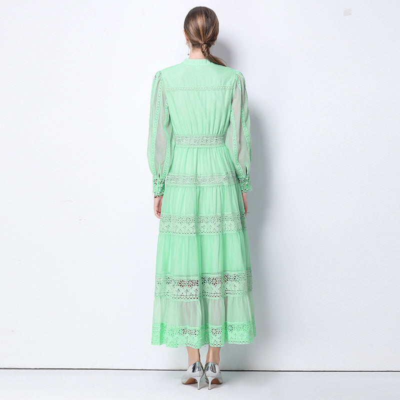 CM-DY058107 Women Elegant European Style V-Neck Lantern Sleeve Lace Maxi Dress - Light Green