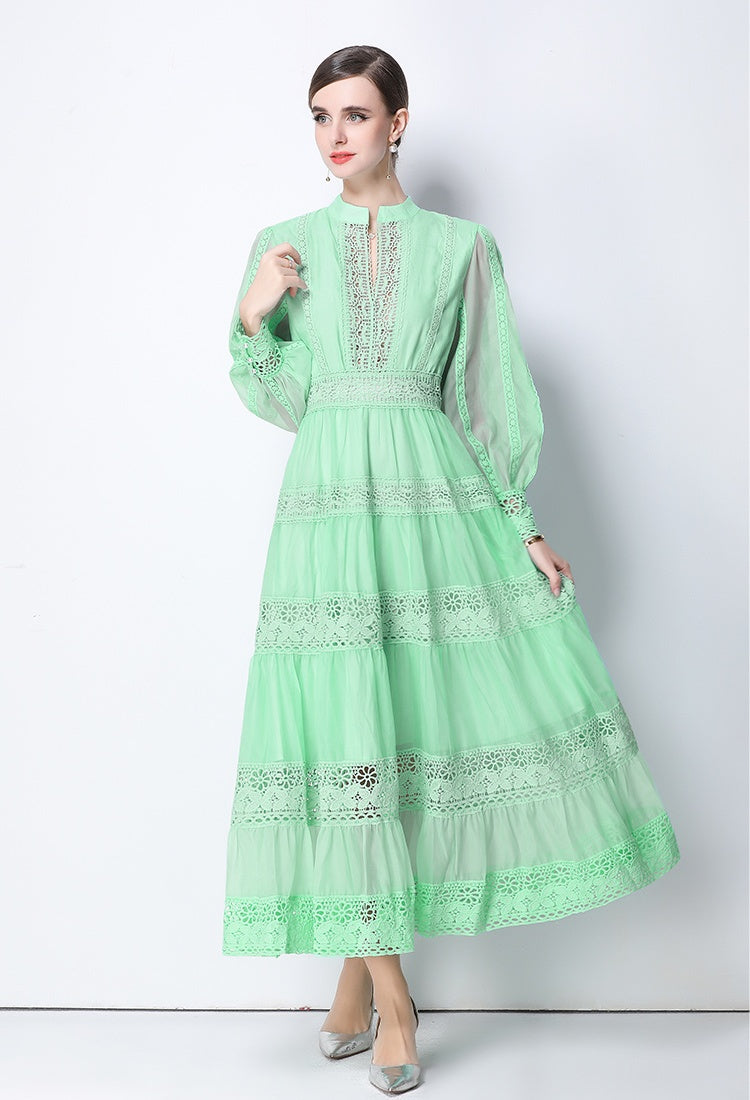 CM-DY058107 Women Elegant European Style V-Neck Lantern Sleeve Lace Maxi Dress - Light Green