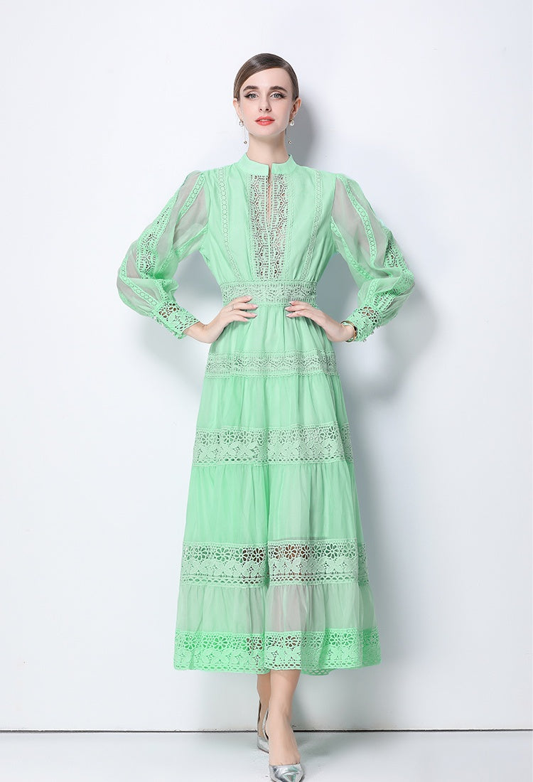 CM-DY058107 Women Elegant European Style V-Neck Lantern Sleeve Lace Maxi Dress - Light Green