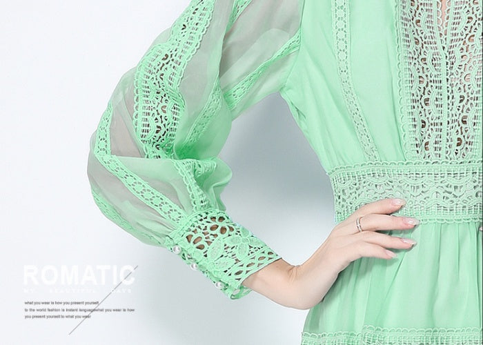 CM-DY058107 Women Elegant European Style V-Neck Lantern Sleeve Lace Maxi Dress - Light Green