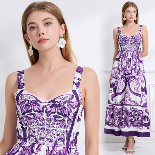 CM-DY058118 Women Elegant European Style Floral Print Sleevless Slim Pinched Waist A-Line Long Dress