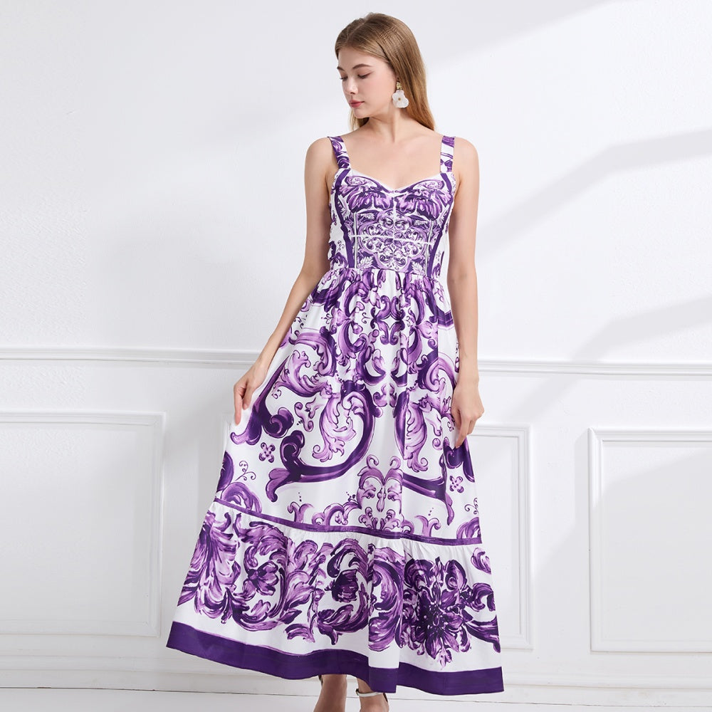 CM-DY058118 Women Elegant European Style Floral Print Sleevless Slim Pinched Waist A-Line Long Dress