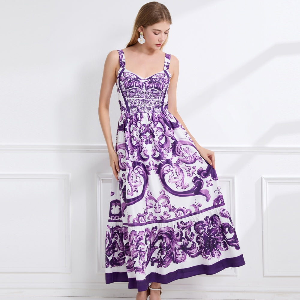 CM-DY058118 Women Elegant European Style Floral Print Sleevless Slim Pinched Waist A-Line Long Dress