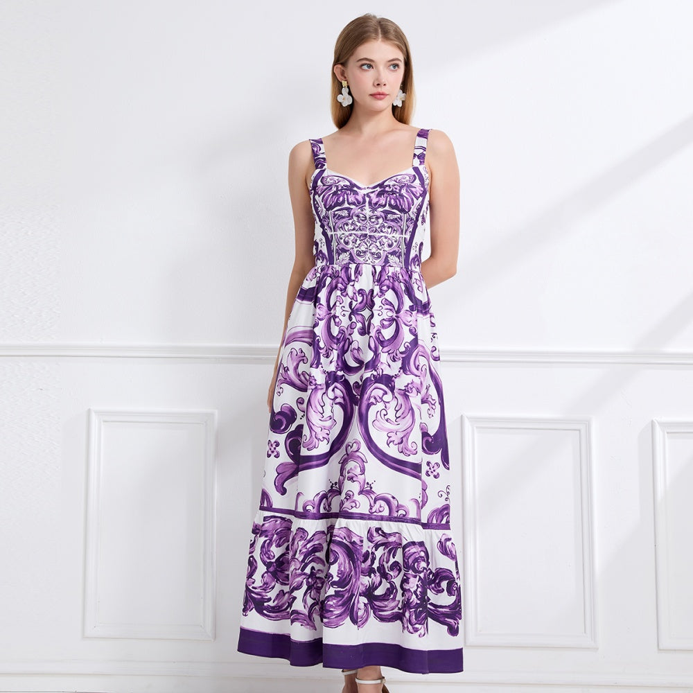 CM-DY058118 Women Elegant European Style Floral Print Sleevless Slim Pinched Waist A-Line Long Dress