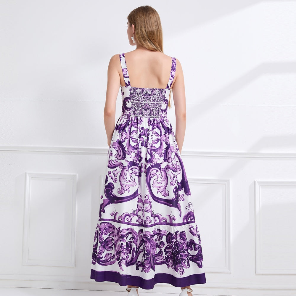 CM-DY058118 Women Elegant European Style Floral Print Sleevless Slim Pinched Waist A-Line Long Dress