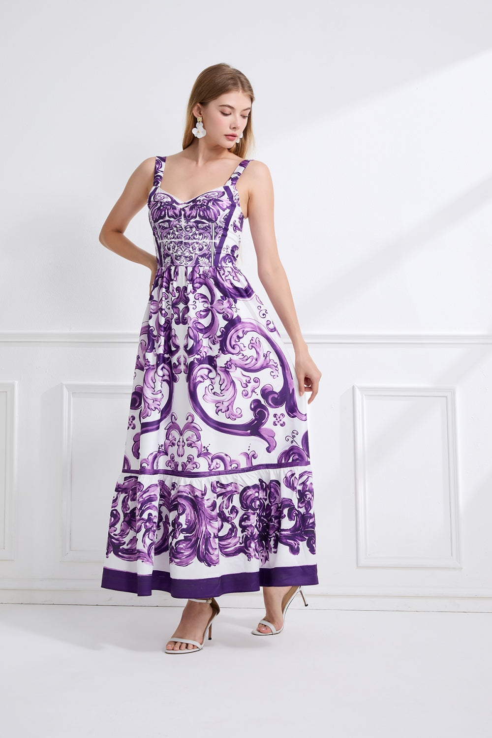 CM-DY058118 Women Elegant European Style Floral Print Sleevless Slim Pinched Waist A-Line Long Dress