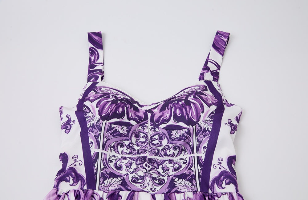 CM-DY058118 Women Elegant European Style Floral Print Sleevless Slim Pinched Waist A-Line Long Dress
