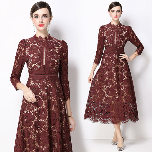 CM-DY058231 Women Elegant European Style Round Neck 3/4 Sleeve Hollow Out Slim Mid-Length Dress - Dark Red