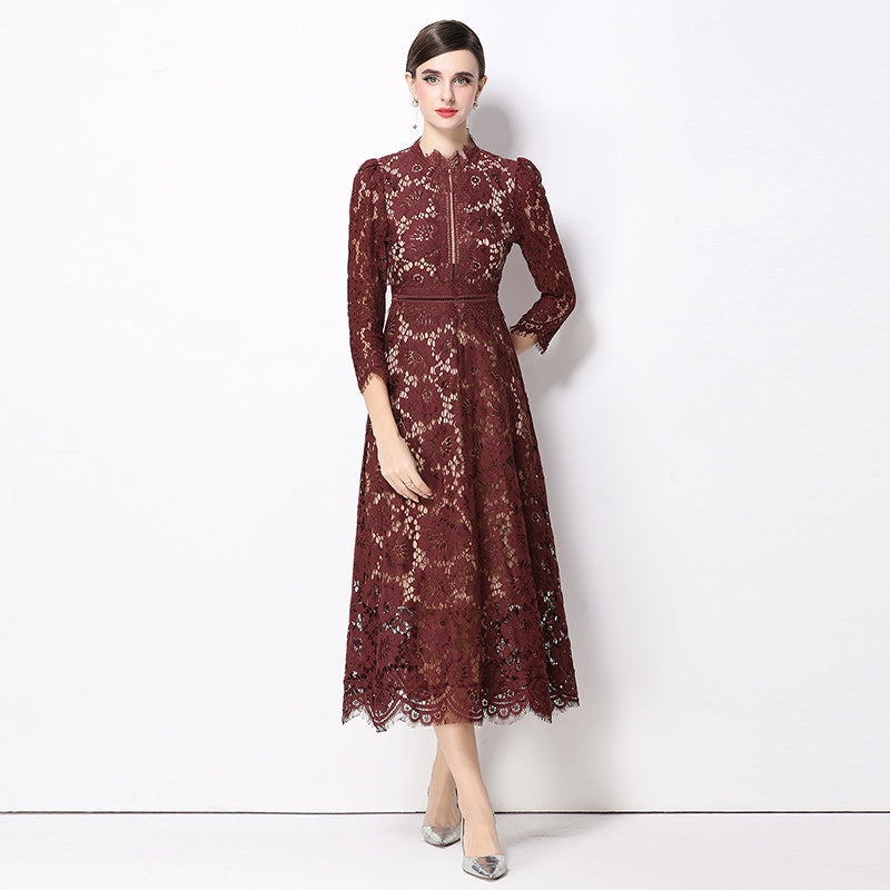 CM-DY058231 Women Elegant European Style Round Neck 3/4 Sleeve Hollow Out Slim Mid-Length Dress - Dark Red