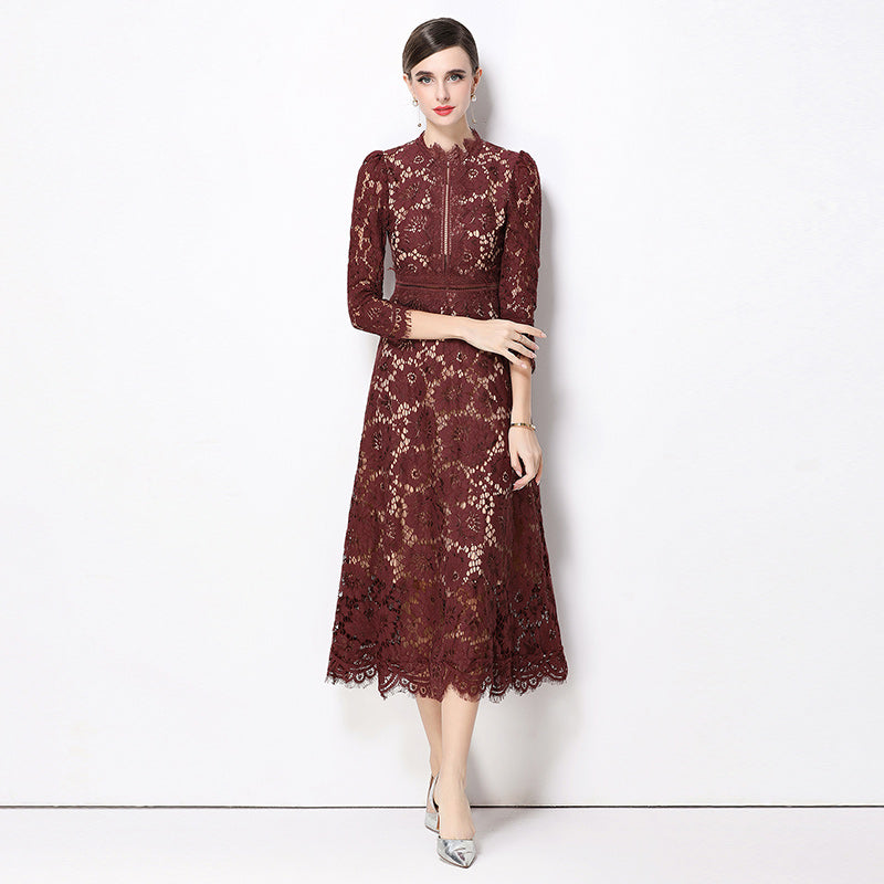 CM-DY058231 Women Elegant European Style Round Neck 3/4 Sleeve Hollow Out Slim Mid-Length Dress - Dark Red
