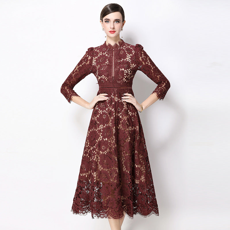 CM-DY058231 Women Elegant European Style Round Neck 3/4 Sleeve Hollow Out Slim Mid-Length Dress - Dark Red