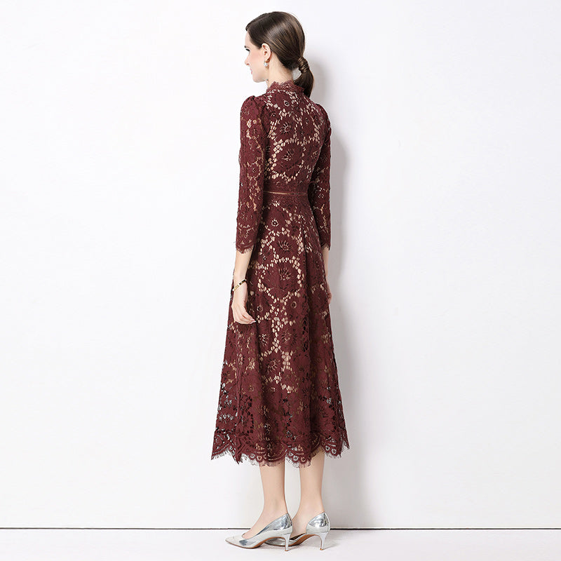 CM-DY058231 Women Elegant European Style Round Neck 3/4 Sleeve Hollow Out Slim Mid-Length Dress - Dark Red