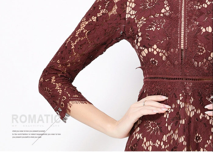 CM-DY058231 Women Elegant European Style Round Neck 3/4 Sleeve Hollow Out Slim Mid-Length Dress - Dark Red