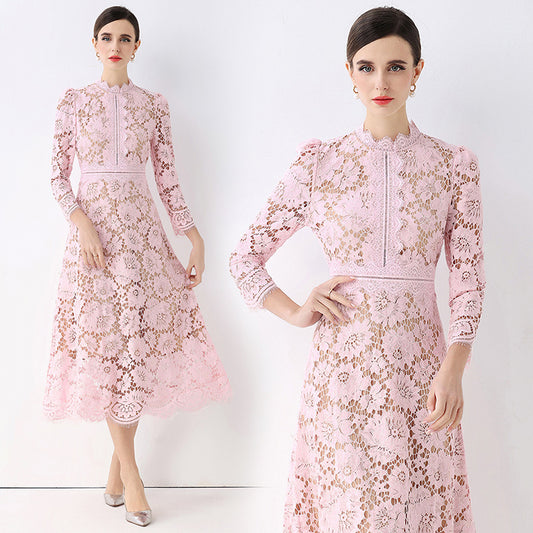 CM-DY058232 Women Elegant European Style Round Neck 3/4 Sleeve Hollow Out Slim Mid-Length Dress - Pink
