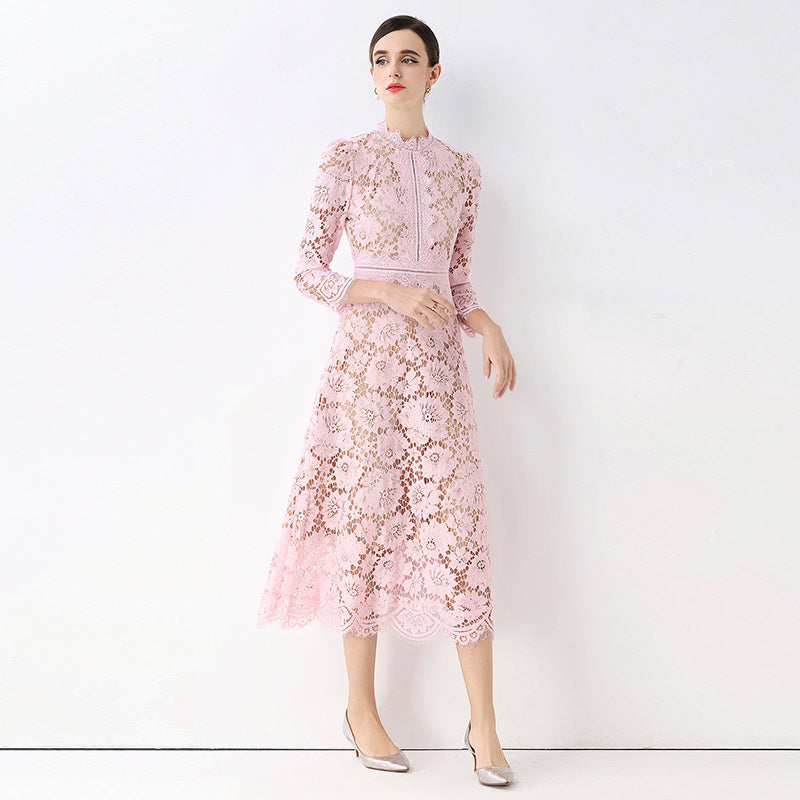 CM-DY058232 Women Elegant European Style Round Neck 3/4 Sleeve Hollow Out Slim Mid-Length Dress - Pink