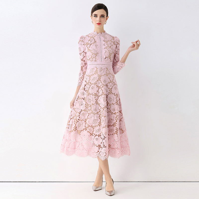 CM-DY058232 Women Elegant European Style Round Neck 3/4 Sleeve Hollow Out Slim Mid-Length Dress - Pink