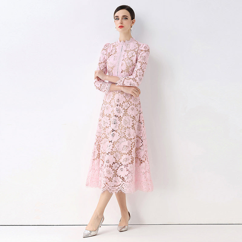 CM-DY058232 Women Elegant European Style Round Neck 3/4 Sleeve Hollow Out Slim Mid-Length Dress - Pink