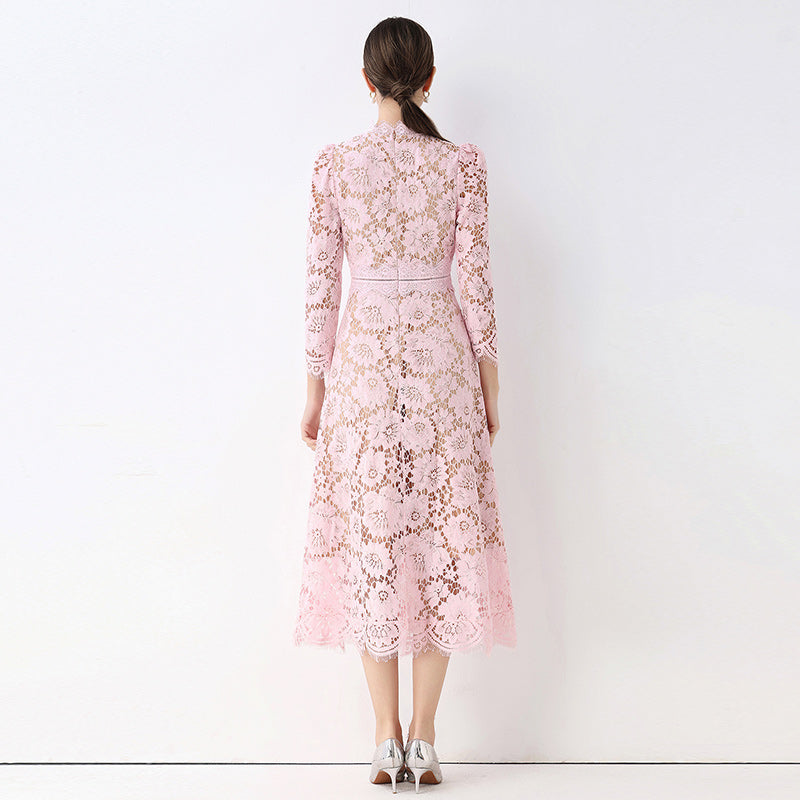 CM-DY058232 Women Elegant European Style Round Neck 3/4 Sleeve Hollow Out Slim Mid-Length Dress - Pink