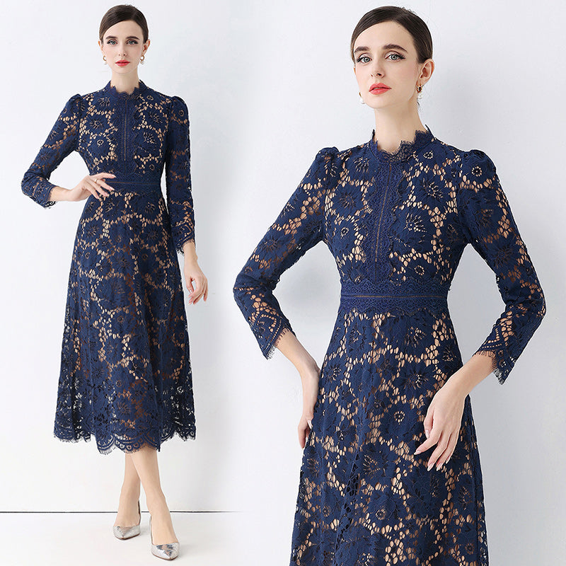CM-DY058233 Women Elegant European Style Round Neck 3/4 Sleeve Hollow Out Slim Mid-Length Dress - Navy Blue