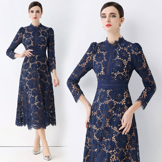 CM-DY058233 Women Elegant European Style Round Neck 3/4 Sleeve Hollow Out Slim Mid-Length Dress - Navy Blue
