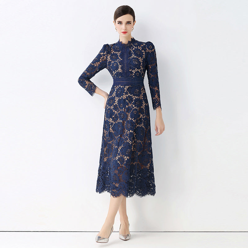 CM-DY058233 Women Elegant European Style Round Neck 3/4 Sleeve Hollow Out Slim Mid-Length Dress - Navy Blue