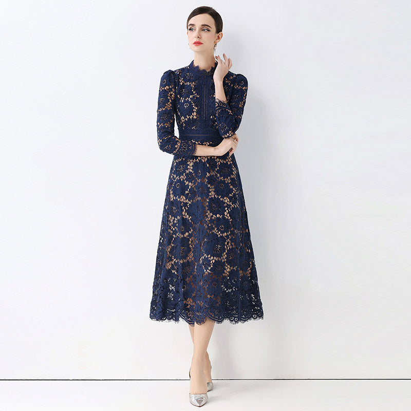 CM-DY058233 Women Elegant European Style Round Neck 3/4 Sleeve Hollow Out Slim Mid-Length Dress - Navy Blue
