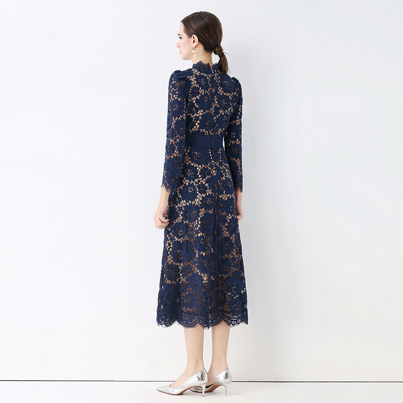 CM-DY058233 Women Elegant European Style Round Neck 3/4 Sleeve Hollow Out Slim Mid-Length Dress - Navy Blue