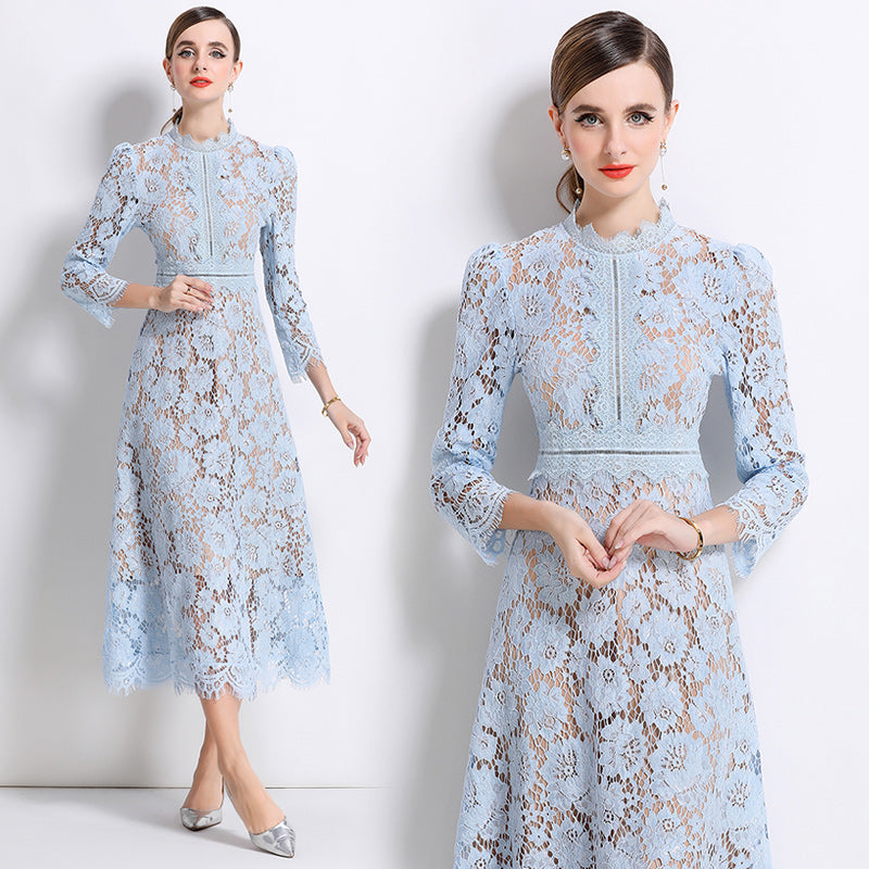 CM-DY058234 Women Elegant European Style Round Neck 3/4 Sleeve Hollow Out Slim Mid-Length Dress - Sky Blue