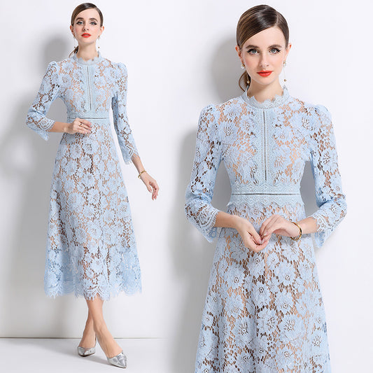 CM-DY058234 Women Elegant European Style Round Neck 3/4 Sleeve Hollow Out Slim Mid-Length Dress - Sky Blue