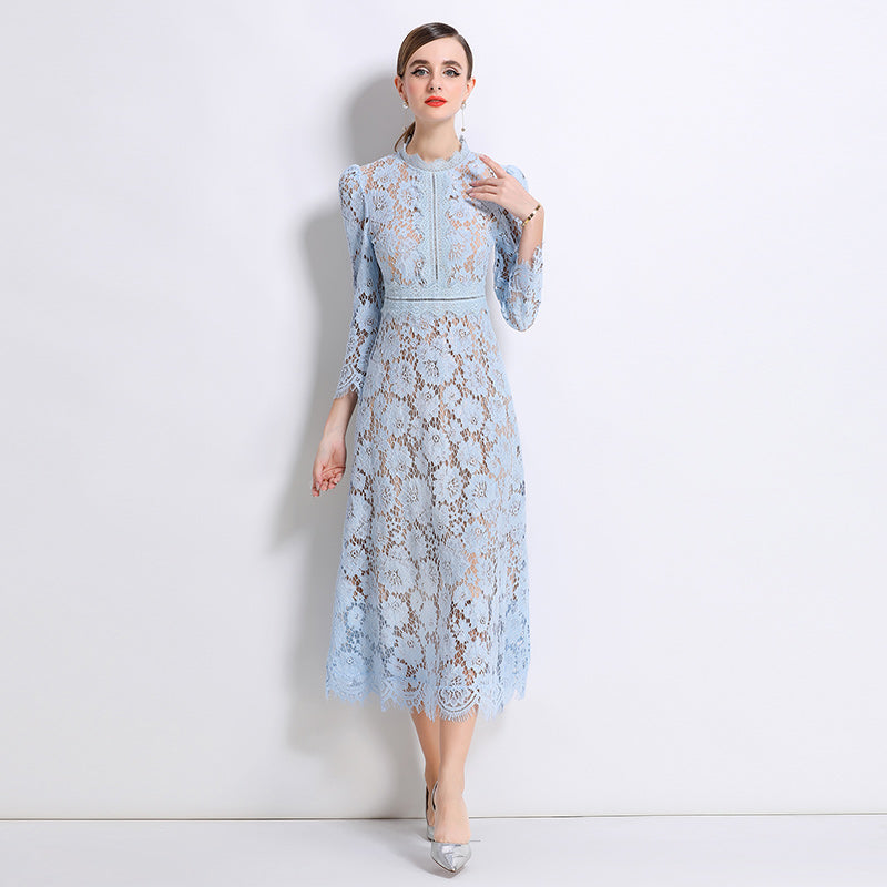 CM-DY058234 Women Elegant European Style Round Neck 3/4 Sleeve Hollow Out Slim Mid-Length Dress - Sky Blue