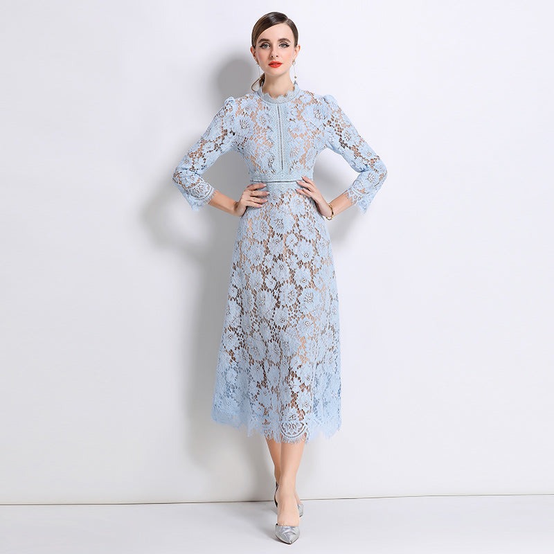 CM-DY058234 Women Elegant European Style Round Neck 3/4 Sleeve Hollow Out Slim Mid-Length Dress - Sky Blue