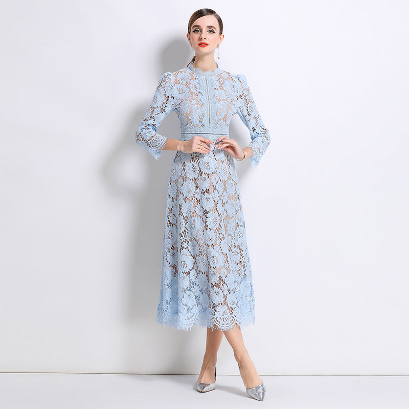 CM-DY058234 Women Elegant European Style Round Neck 3/4 Sleeve Hollow Out Slim Mid-Length Dress - Sky Blue