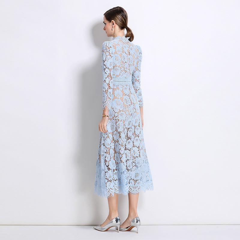 CM-DY058234 Women Elegant European Style Round Neck 3/4 Sleeve Hollow Out Slim Mid-Length Dress - Sky Blue