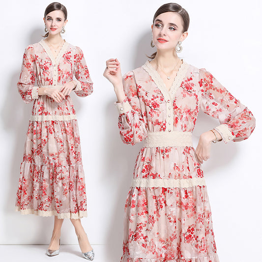CM-DY058235 Women Elegant European Style V-Neck Long Sleeve Medium Waist Lace Midi Dress